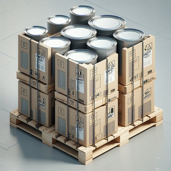 Shipping paint on a pallet properly packaged and safely labeled HAZMAT